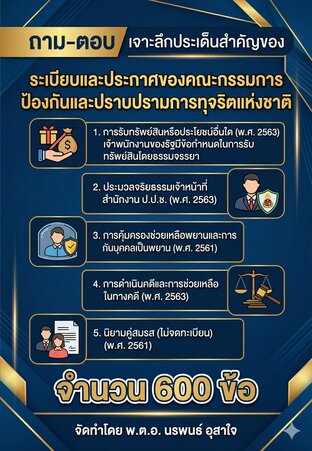 ถาม-ตอบ เจาะลึกประเด็นสำคัญของ&nbsp; &nbsp;ระเบียบและประกาศของคณะกรรมการป้องกันและปราบปรามการทุจริตแห่งชาติ&nbsp;&nbsp;  จำนวน&nbsp; &nbsp;600&nbsp; ข้อ&nbsp; &nbsp; จัดทำโดย พ.ต.อ.&nbsp; &nbsp;นรพนธ์&nbsp; &nbsp; อุสาใจ